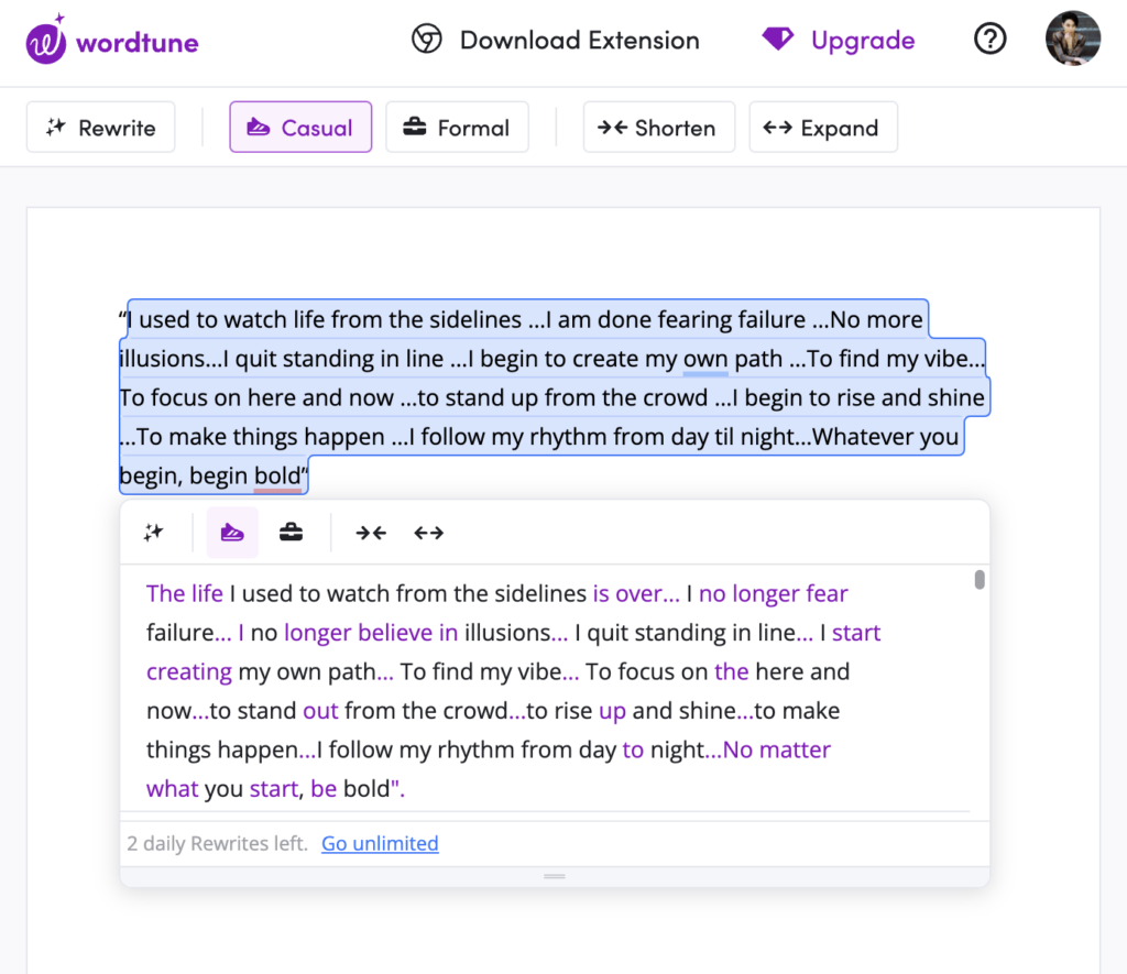 Wordtune est le meilleur vérificateur de grammaire IA Assistant d'écriture IA